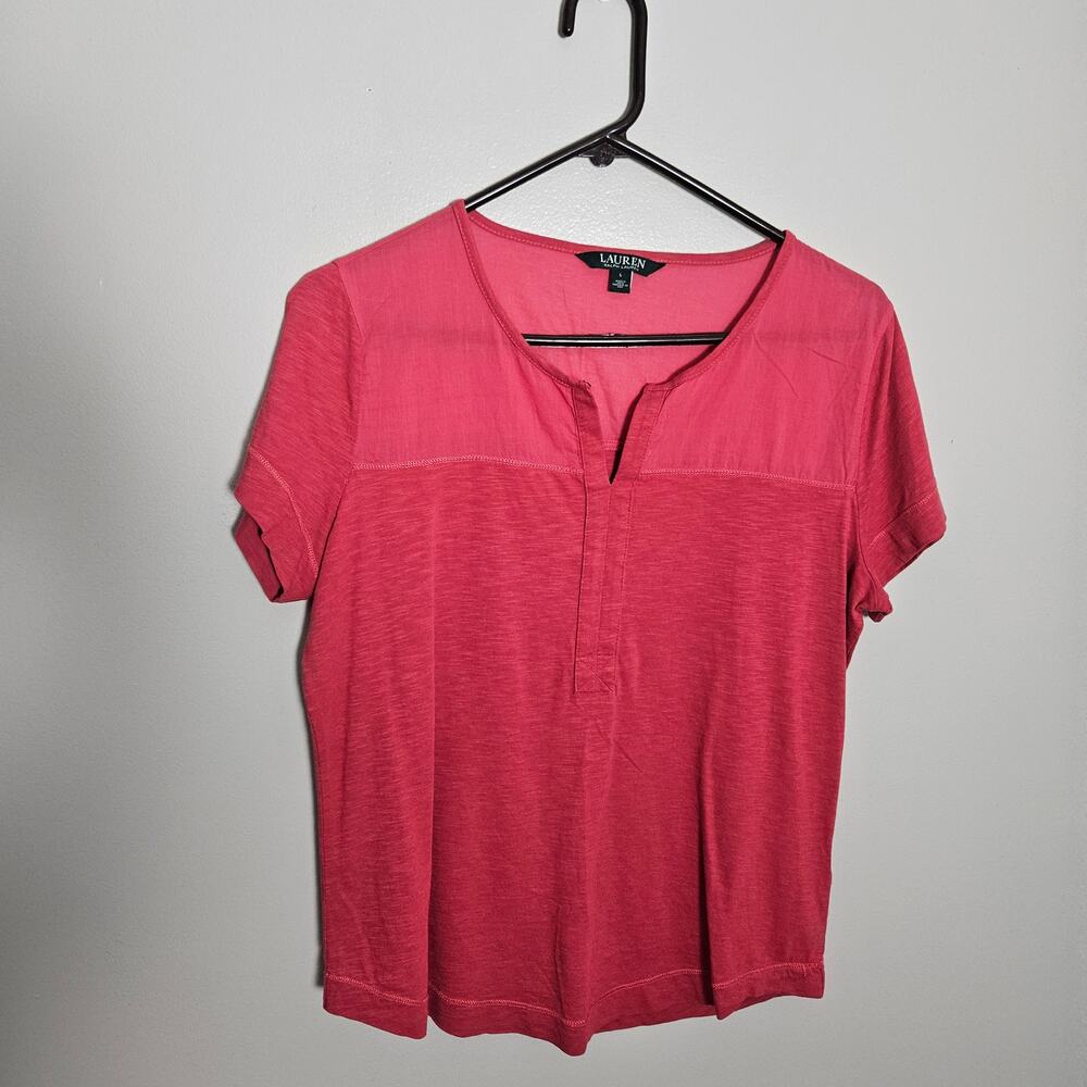 Lauren by Ralph Lauren Short Sleeve Split Neck Top Sz Large - Picture 2 of 11
